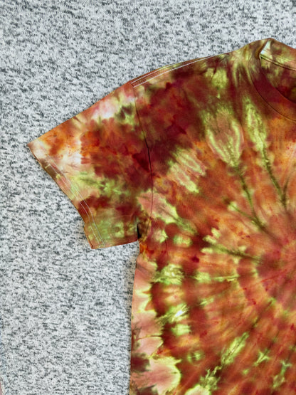MHD Burnt Orange Yellow Olive Green Spiral Ice Dye Tie Dye Short Sleeve Shirt 100% Cotton Size Medium