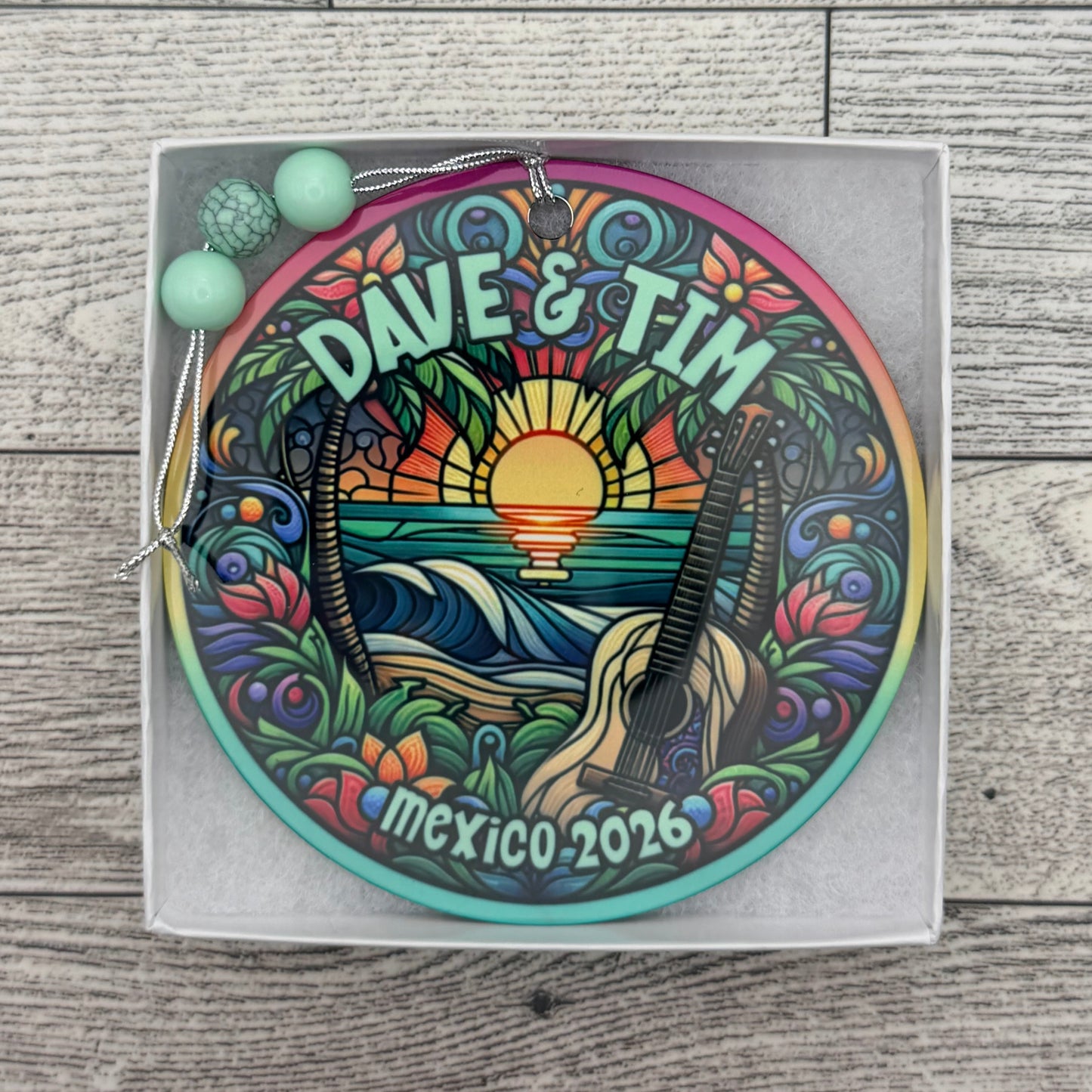 Dave & Tim Mexico 2026 Palm Trees Sunset Ocean Beach Guitar Stained Glass Metal Holiday Christmas Ornament with Beads with Gift Box 2 Sizes: 2.75" x 2.75" or 3.5" x 3.5"