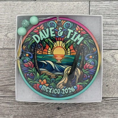 Dave & Tim Mexico 2026 Palm Trees Sunset Ocean Beach Guitar Stained Glass Metal Holiday Christmas Ornament with Beads with Gift Box 2 Sizes: 2.75" x 2.75" or 3.5" x 3.5"