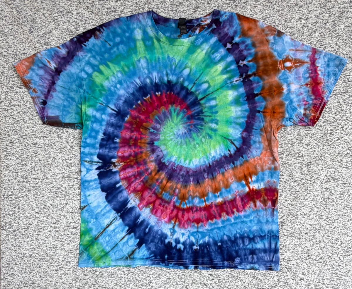 MHD Blue Green Red Orange Spiral Ice Dye Tie Dye Short Sleeve Shirt 100% Cotton Size XXL