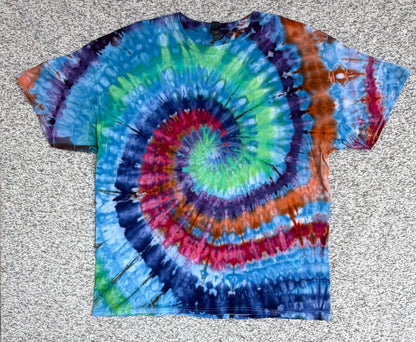 MHD Blue Green Red Orange Spiral Ice Dye Tie Dye Short Sleeve Shirt 100% Cotton Size XXL