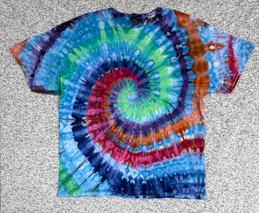 MHD Blue Green Red Orange Spiral Ice Dye Tie Dye Short Sleeve Shirt 100% Cotton Size XXL