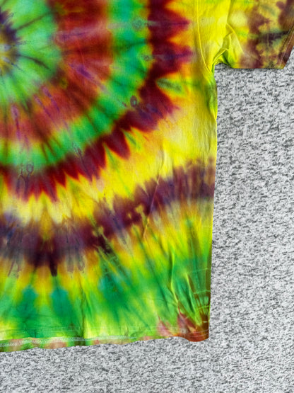 MHD Yellow Lime Green Dark Red Orange Spiral Ice Dye Tie Dye Short Sleeve Shirt 100% Cotton Size XXL