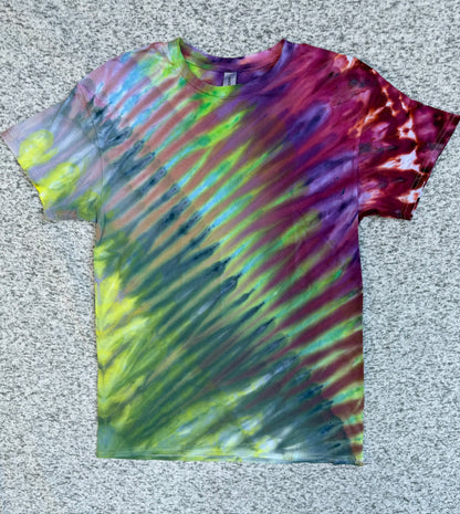 MHD Purple Green Orange Blue Fan Fold Ice Dye Tie Dye Short Sleeve Shirt 100% Cotton Size Medium