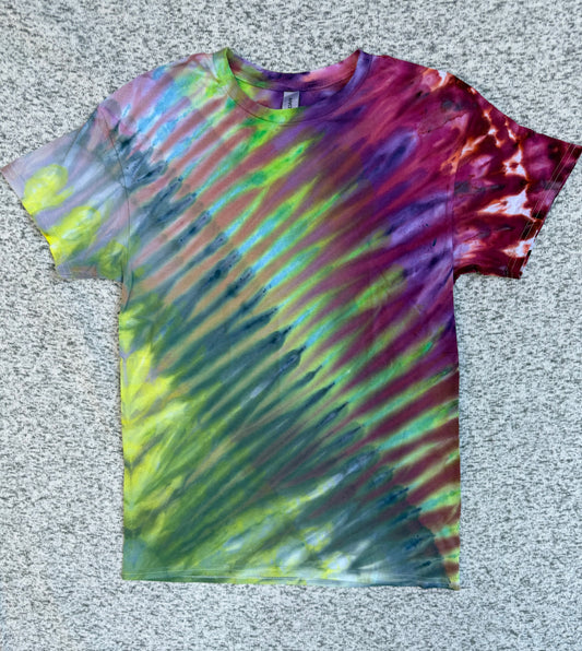 MHD Purple Green Orange Blue Fan Fold Ice Dye Tie Dye Short Sleeve Shirt 100% Cotton Size Medium