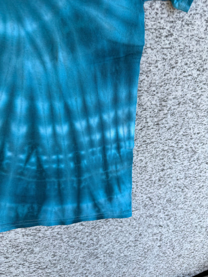 MHD Denim Blue Light Blue Green Spiral Ice Dye Tie Dye Short Sleeve Shirt 100% Cotton Size Medium