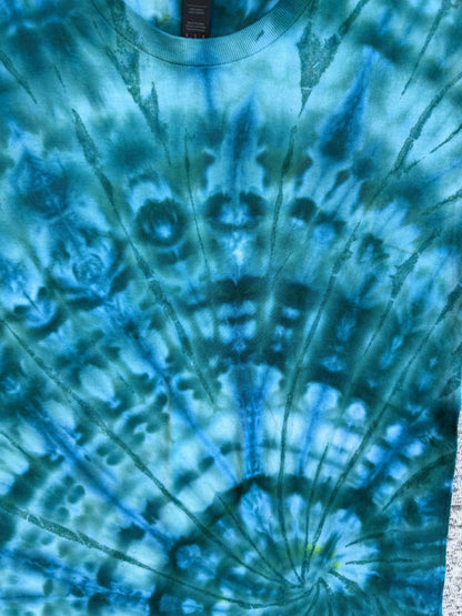 MHD Dark Blue Dark Green Light Green Spiral Ice Dye Tie Dye Short Sleeve Shirt 100% Cotton Size Medium