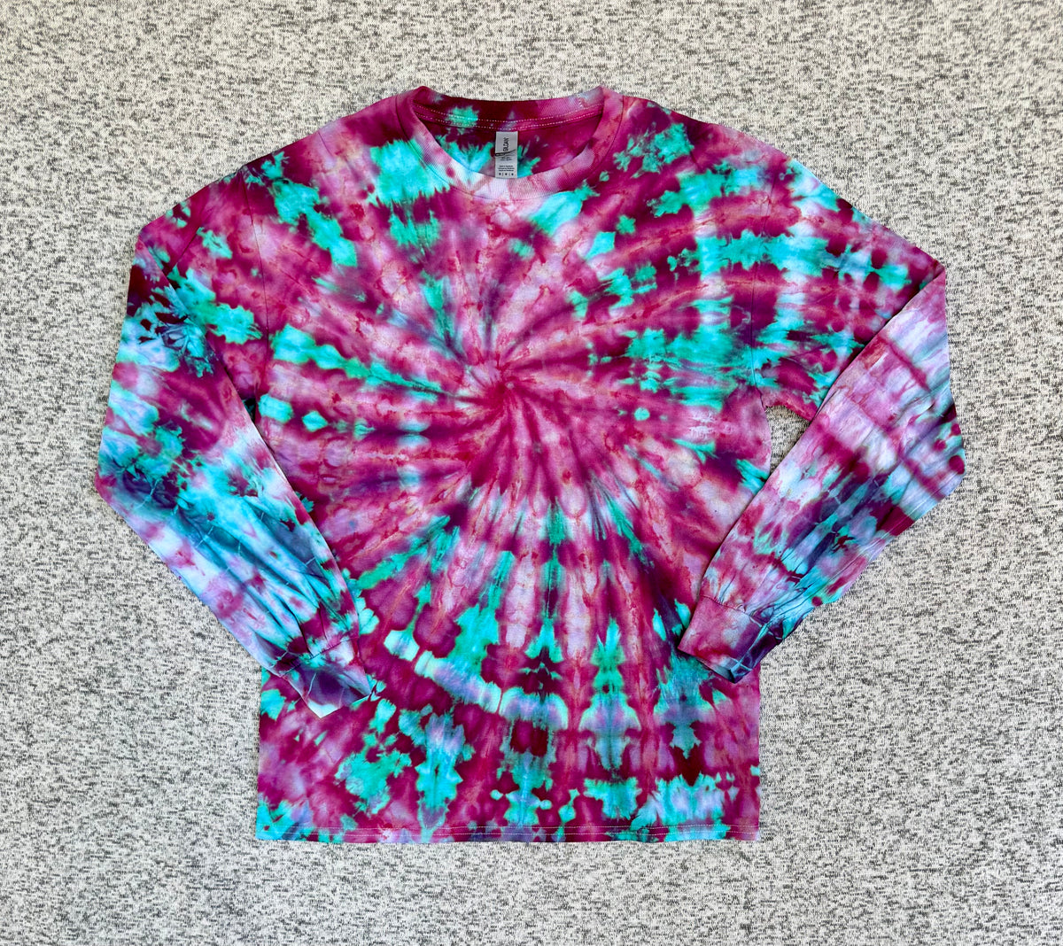 MHD Pink Purple Teal Spiral Ice Dye Tie Dye Long Sleeve Shirt 100% Cotton Size Medium