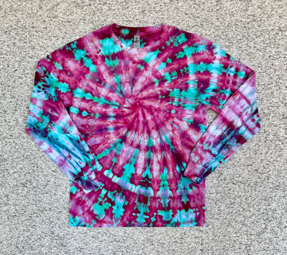 MHD Pink Purple Teal Spiral Ice Dye Tie Dye Long Sleeve Shirt 100% Cotton Size Medium