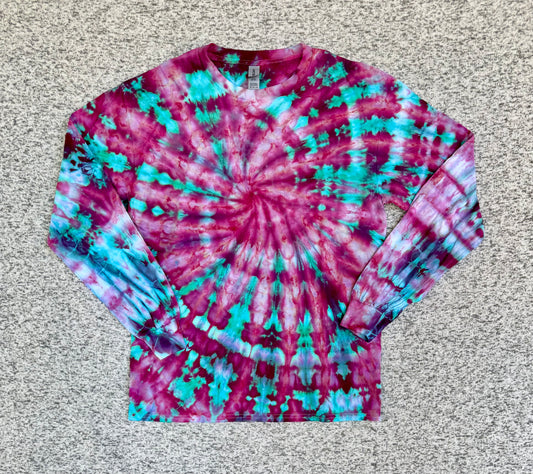 MHD Pink Purple Teal Spiral Ice Dye Tie Dye Long Sleeve Shirt 100% Cotton Size Medium