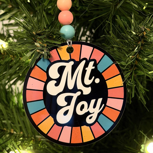 Mt. Joy Pink Orange Yellow Teal White Black Retro Circle Metal Holiday Christmas Ornament with Beads with Gift Box 2 Sizes: 2.75" x 2.75" or 3.5" x 3.5"