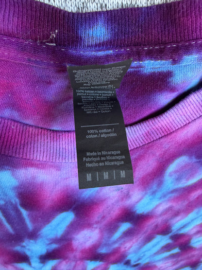 MHD Dark Purple Bright Blue Lavender Spiral Ice Dye Tie Dye Short Sleeve Shirt 100% Cotton Size Medium