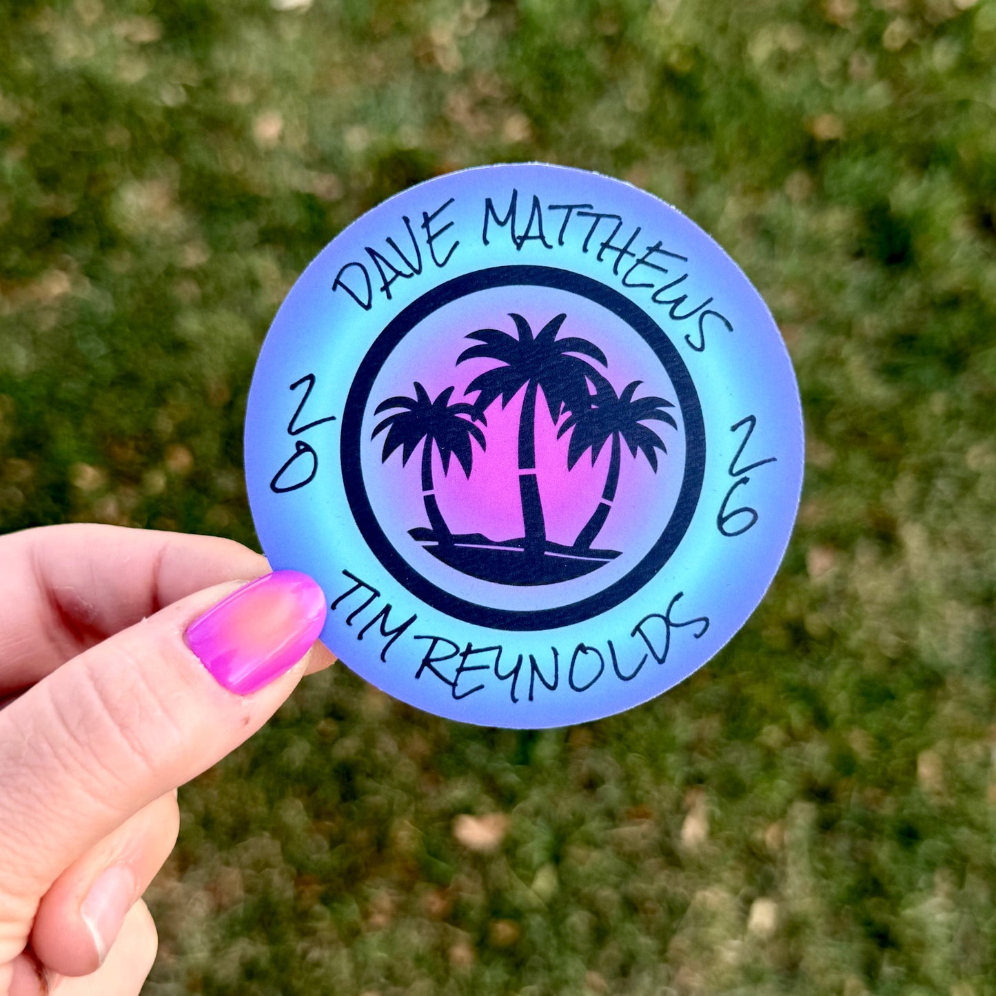 Dave Matthews Tim Reynolds Mexico 2026 Purple Blue Pink Ombre Black Palm Trees Vinyl Sticker Slap 3" x 3" Matte Finish
