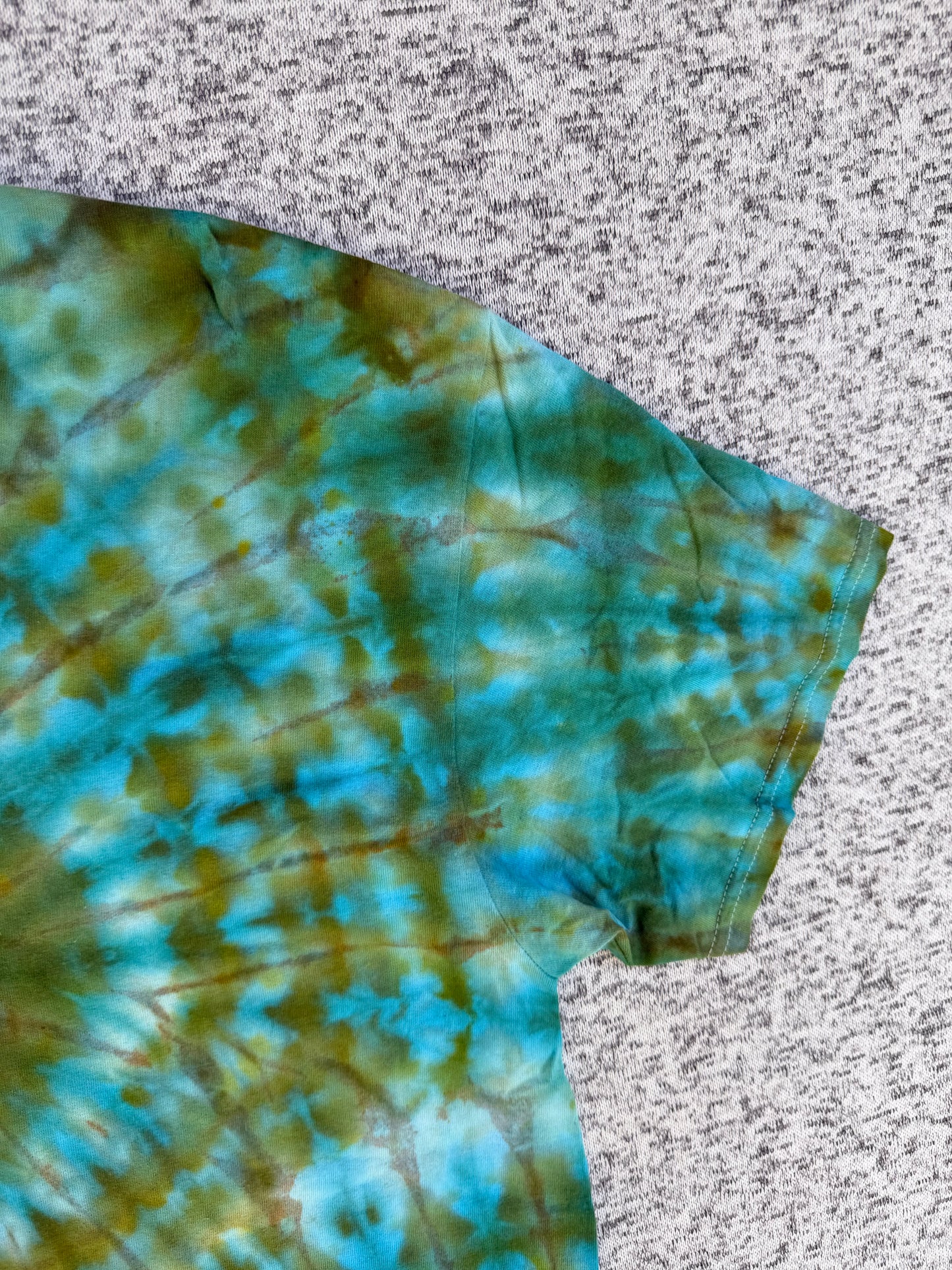 MHD Olive Green Brown Bright Blue Teal Spiral Ice Dye Tie Dye Short Sleeve Shirt 100% Cotton Size XL