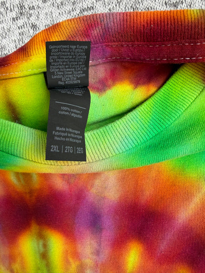 MHD Yellow Lime Green Dark Red Orange Spiral Ice Dye Tie Dye Short Sleeve Shirt 100% Cotton Size XXL