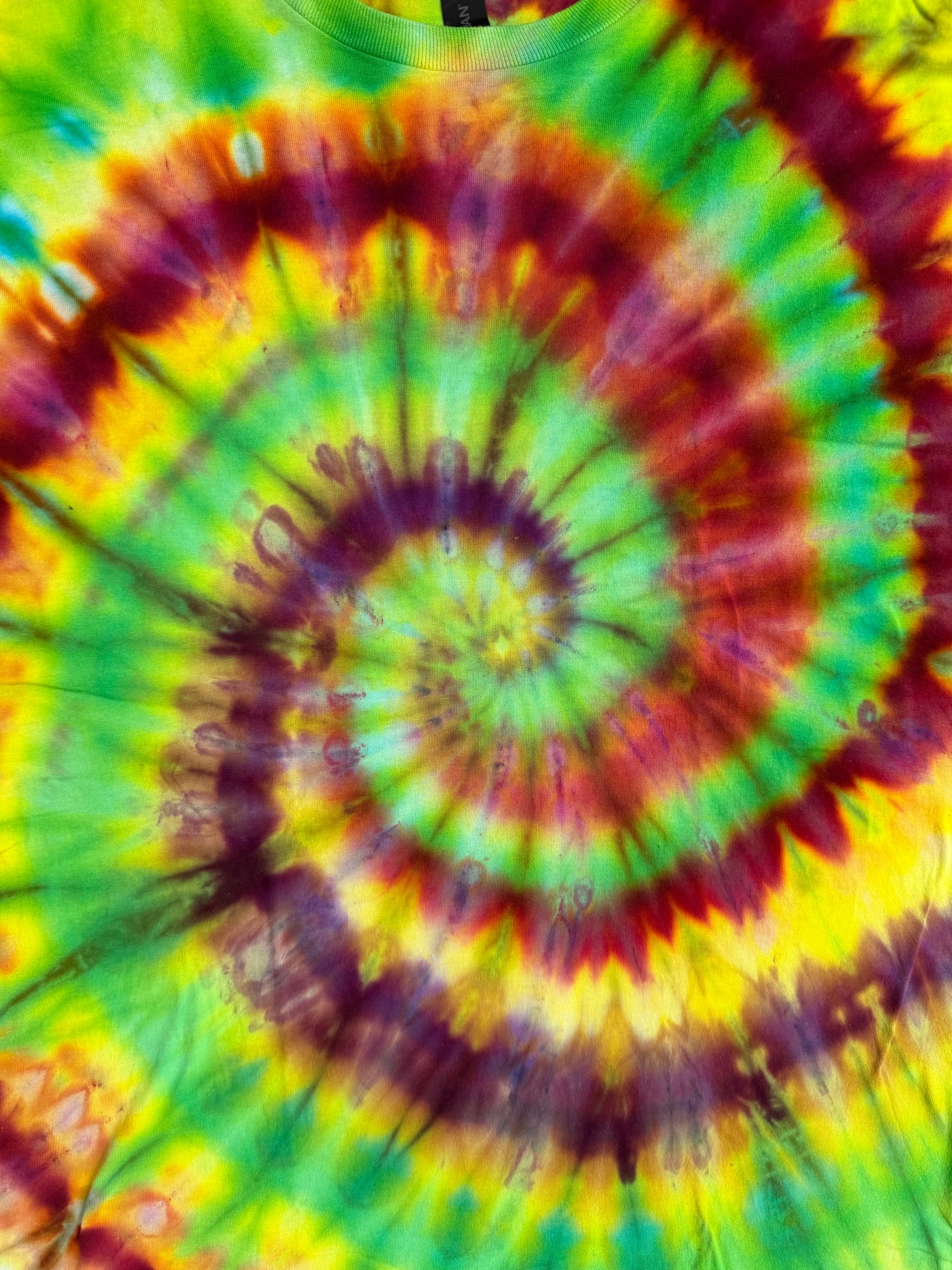 MHD Yellow Lime Green Dark Red Orange Spiral Ice Dye Tie Dye Short Sleeve Shirt 100% Cotton Size XXL