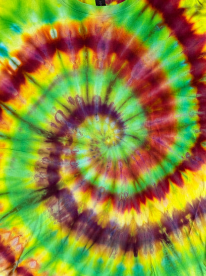 MHD Yellow Lime Green Dark Red Orange Spiral Ice Dye Tie Dye Short Sleeve Shirt 100% Cotton Size XXL