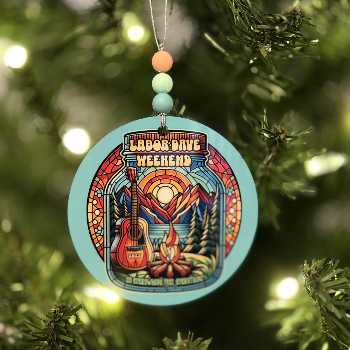 Labor Dave Weekend The Gorge 2025 Go Everywhere Feel Everything Stained Glass Campfire Guitar Mountains Metal Holiday Christmas Ornament with Beads with Gift Box 2 Sizes: 2.75" x 2.75" or 3.5" x 3.5"