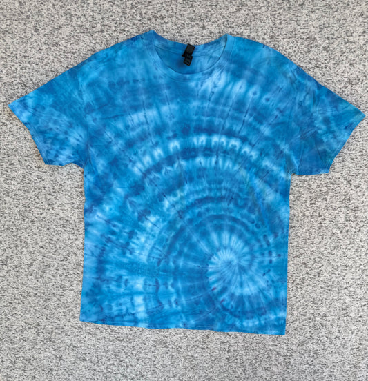 MHD Bright Blue Light Blue White Spiral Ice Dye Tie Dye Short Sleeve Shirt 100% Cotton Size XL