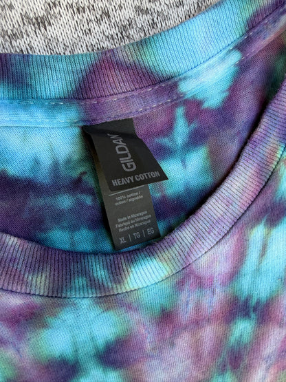 MHD Purple Dusty Rose Dark Blue Teal Spiral Ice Dye Tie Dye Short Sleeve Shirt 100% Cotton Size XL