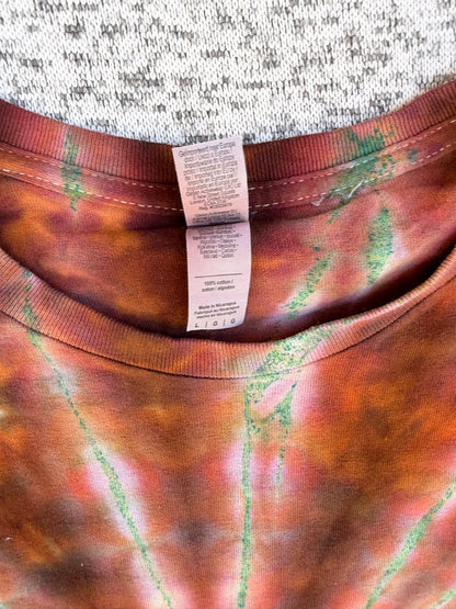 MHD Orange Brown Green Spiral Ice Dye Tie Dye Short Sleeve Shirt 100% Cotton Size Large