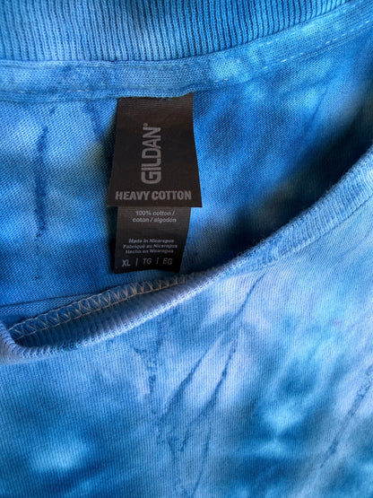 MHD Dark Blue Light Blue White Spiral Ice Dye Tie Dye Short Sleeve Shirt 100% Cotton Size XL