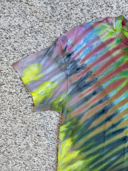 MHD Purple Green Orange Blue Fan Fold Ice Dye Tie Dye Short Sleeve Shirt 100% Cotton Size Medium