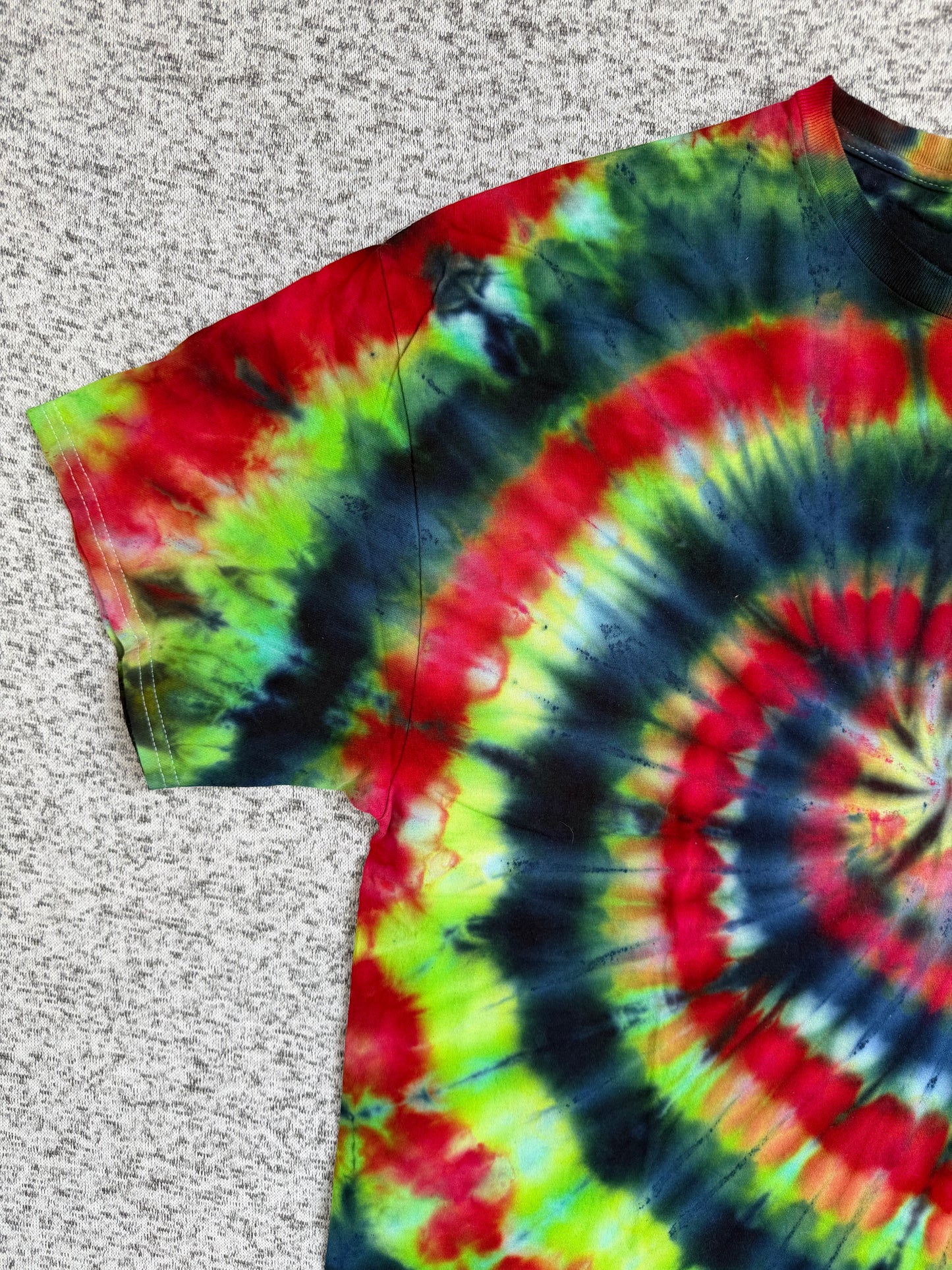 MHD Navy Blue Lime Green Red Yellow Spiral Ice Dye Tie Dye Short Sleeve Shirt 100% Cotton Size XXL