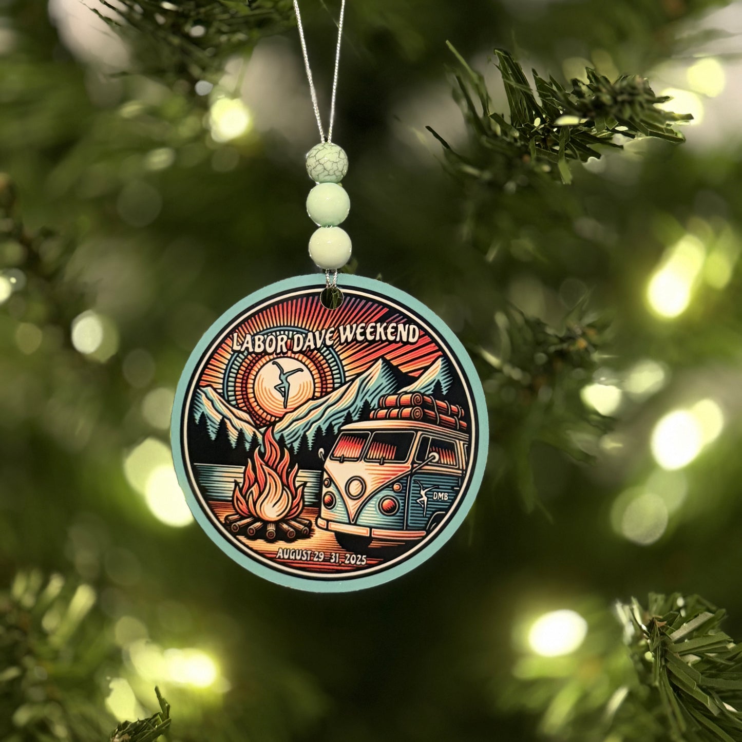 Labor Dave Weekend August 29-31, 2025 Teal Hippie Van Campsite Campfire Mountains Sunset Metal Holiday Christmas Ornament with Beads with Gift Box 2 Sizes: 2.75" x 2.75" or 3.5" x 3.5"
