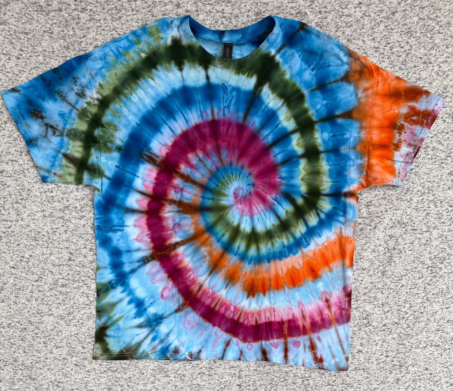 MHD Blue Red Green Orange Spiral Ice Dye Tie Dye Short Sleeve Shirt 100% Cotton Size XXL