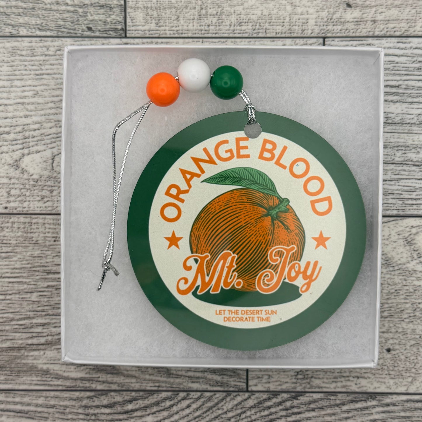 Mt. Joy Orange Blood Green Orange White Metal Holiday Christmas Ornament with Beads with Gift Box 2 Sizes: 2.75" x 2.75" or 3.5" x 3.5"