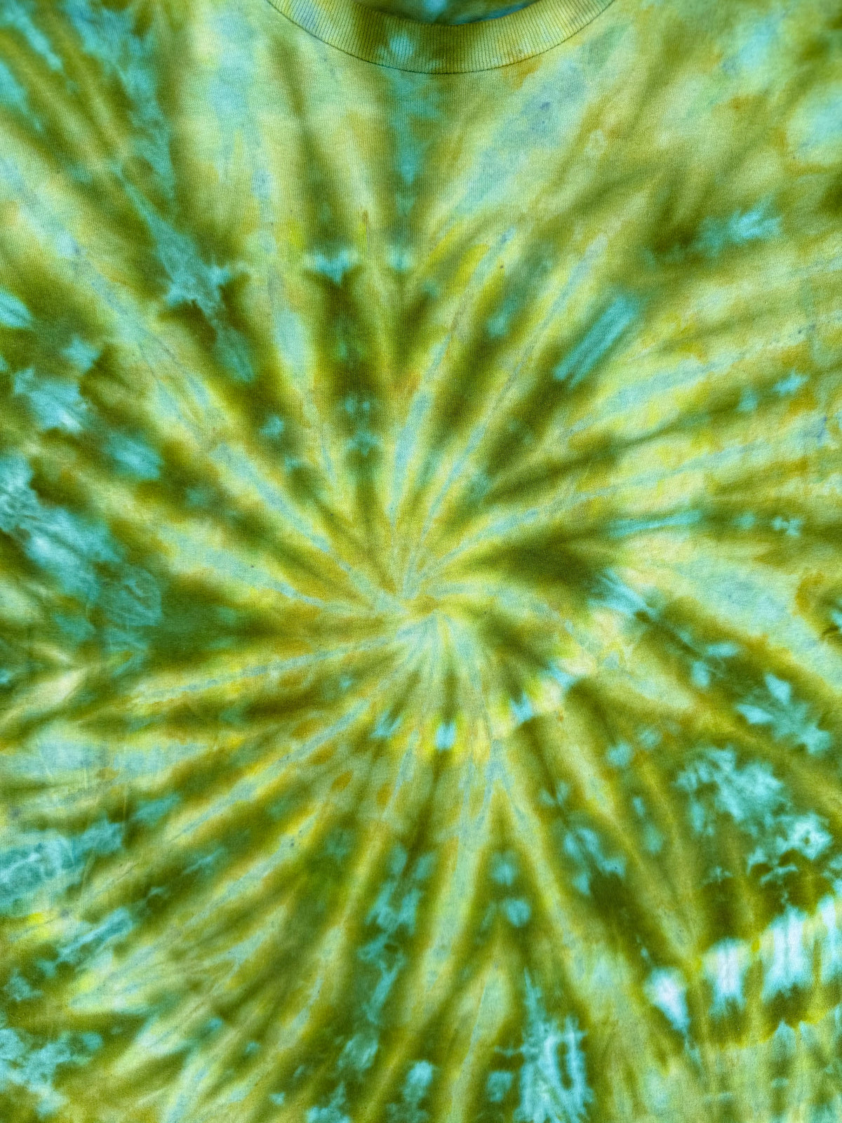 MHD Olive Green Teal Light Green Blue Spiral Ice Dye Tie Dye Short Sleeve Shirt 100% Cotton Size XL