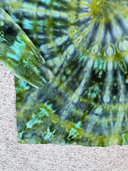 MHD Dark Green Olive Green Navy Blue Spiral Ice Dye Tie Dye Long Sleeve Shirt 100% Cotton Size Large