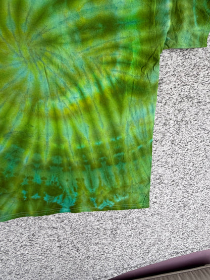 MHD Olive Green Lime Green Teal Spiral  Ice Dye Tie Dye Short Sleeve Shirt 100% Cotton Size XXL