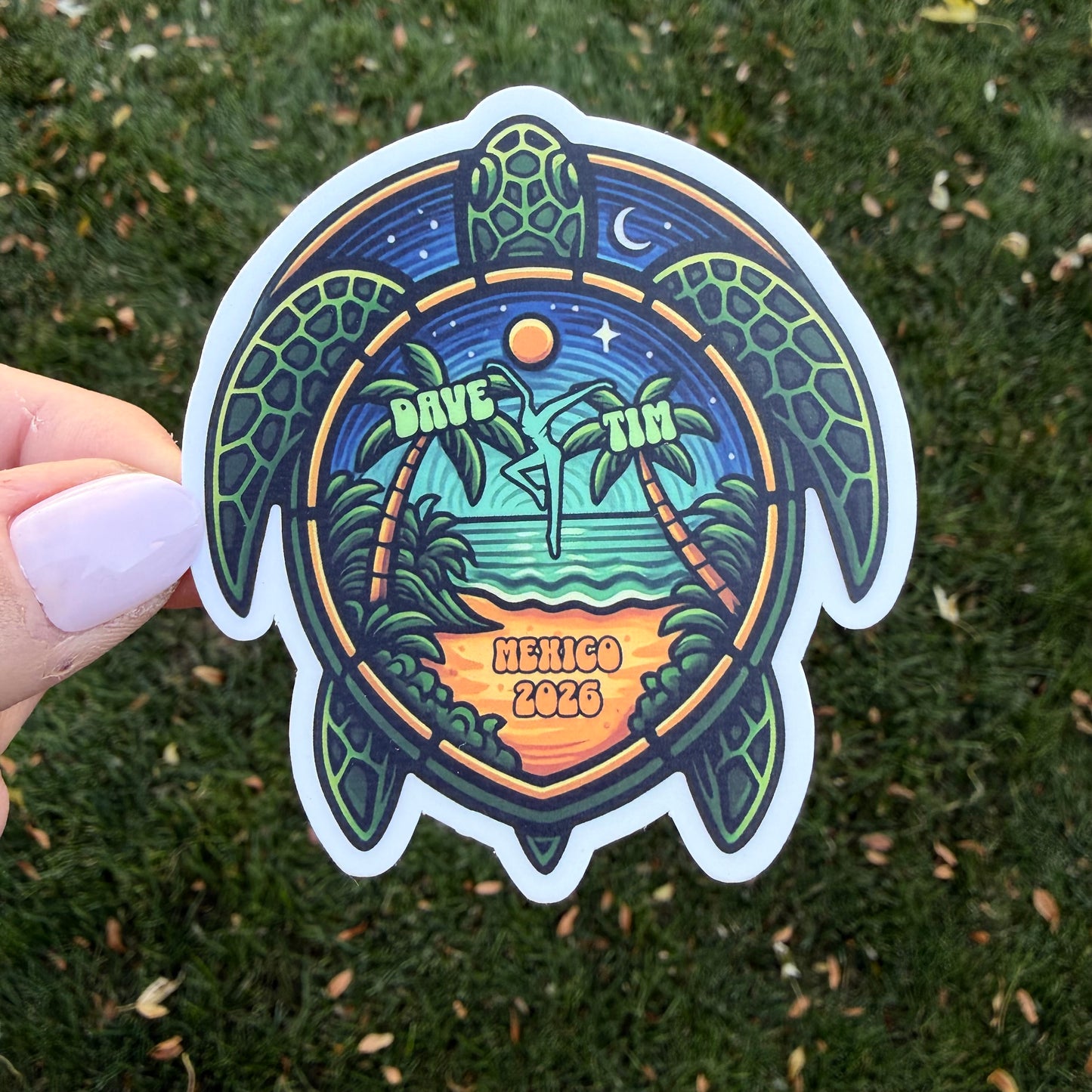 Dave & Tim Mexico 2026 Green Blue Sea Turtle Palm Trees Ocean Beach Vinyl Sticker Slap 3" x 2.8" Matte Finish