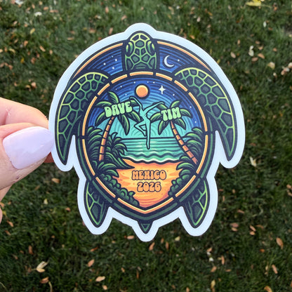 Dave & Tim Mexico 2026 Green Blue Sea Turtle Palm Trees Ocean Beach Vinyl Sticker Slap 3" x 2.8" Matte Finish