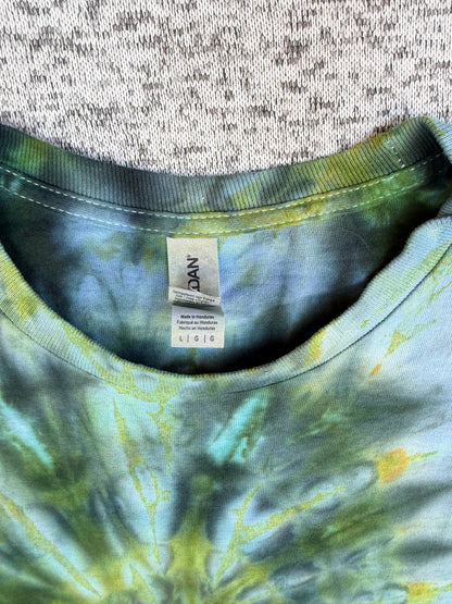 MHD Dark Green Olive Green Navy Blue Spiral Ice Dye Tie Dye Long Sleeve Shirt 100% Cotton Size Large