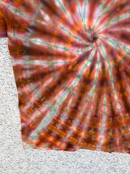 MHD Orange Brown Green Spiral Ice Dye Tie Dye Short Sleeve Shirt 100% Cotton Size Large
