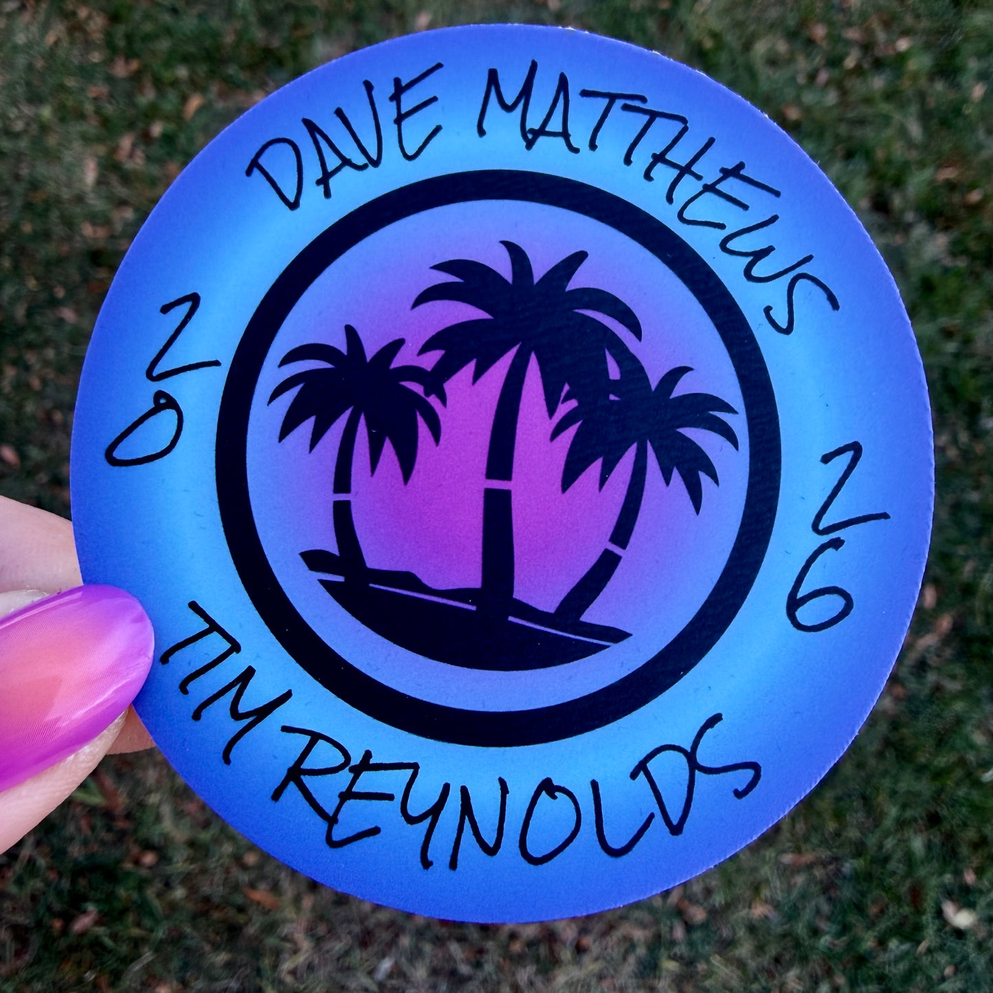 Dave Matthews Tim Reynolds Mexico 2026 Purple Blue Pink Ombre Black Palm Trees Vinyl Sticker Slap 3" x 3" Matte Finish