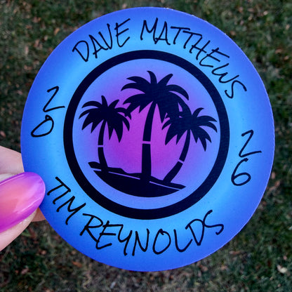 Dave Matthews Tim Reynolds Mexico 2026 Purple Blue Pink Ombre Black Palm Trees Vinyl Sticker Slap 3" x 3" Matte Finish