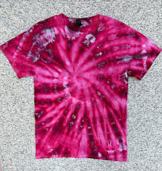 MHD Dark Pink Red Light Pink Purple Spiral Ice Dye Tie Dye Short Sleeve Shirt 100% Cotton Size Medium