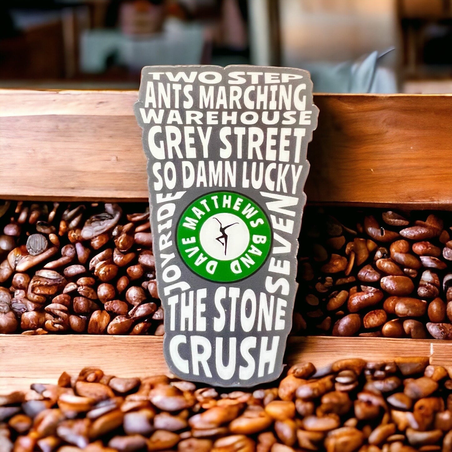 DMB Coffee Cup Song Titles Crush Seven The Stone Grey Street Two Step Ants Joyride Warehouse Vinyl Sticker Slap 3" x 1.8" Matte Finish