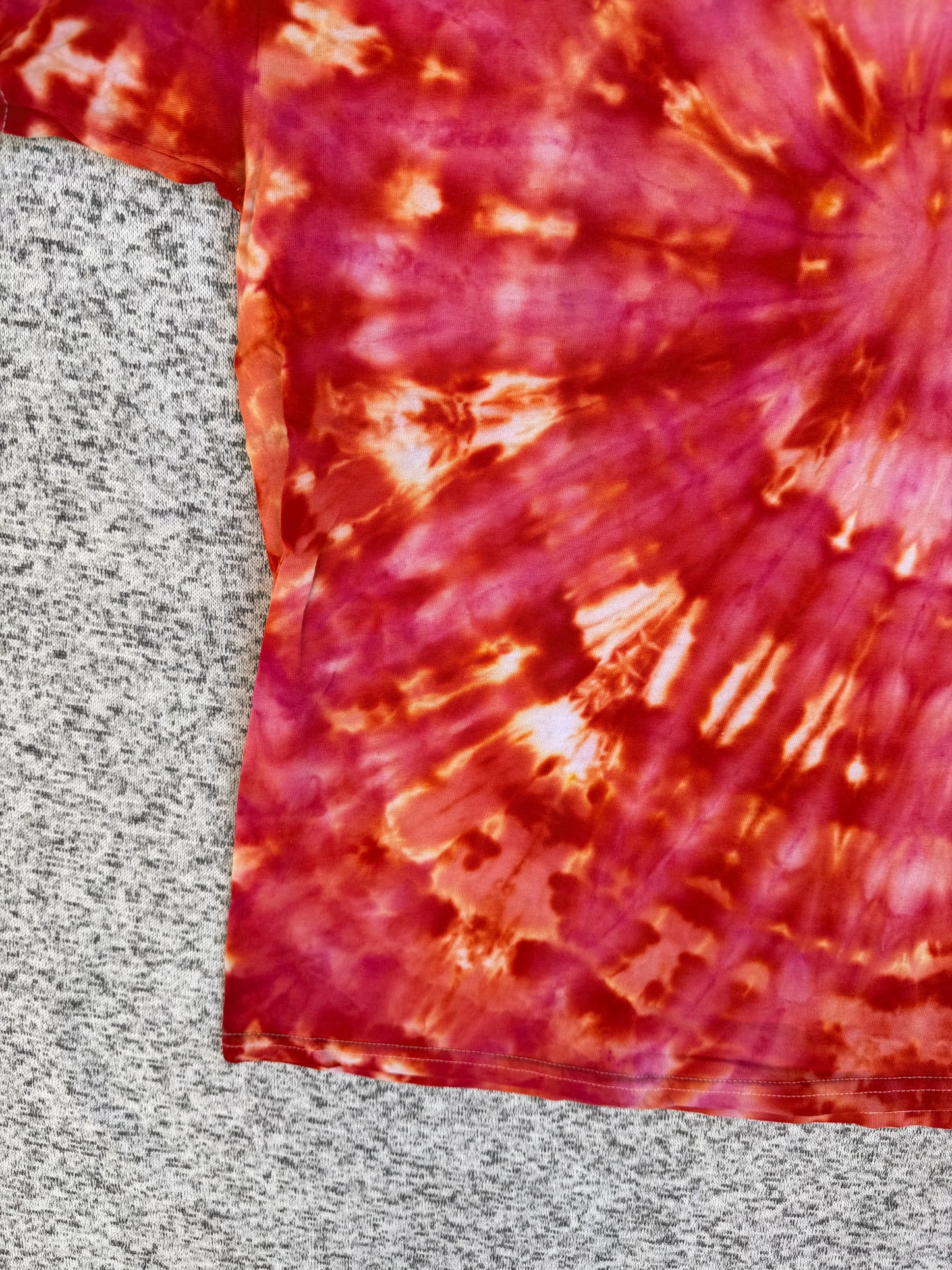 MHD Red Dark Orange Yellow Coral Spiral Ice Dye Tie Dye Short Sleeve Shirt 100% Cotton Size XL