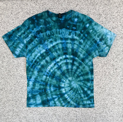 MHD Dark Green Navy Blue Light Green Spiral Ice Dye Tie Dye Short Sleeve Shirt 100% Cotton Size XL