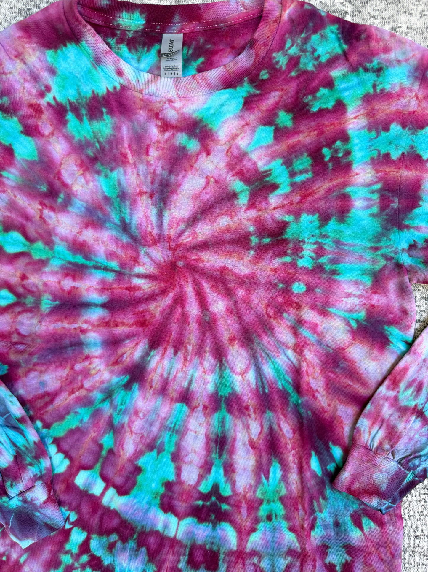 MHD Pink Purple Teal Spiral Ice Dye Tie Dye Long Sleeve Shirt 100% Cotton Size Medium
