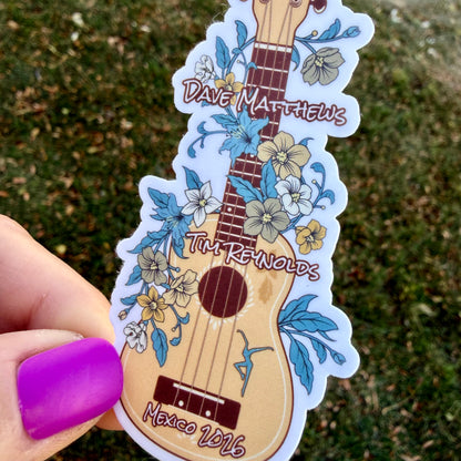 Dave Matthews Tim Reynolds Mexico 2026 Guitar Blue Yellow Green Hibiscus Flowers Vinyl Sticker Slap 3.6” x 1.75” Matte Finish