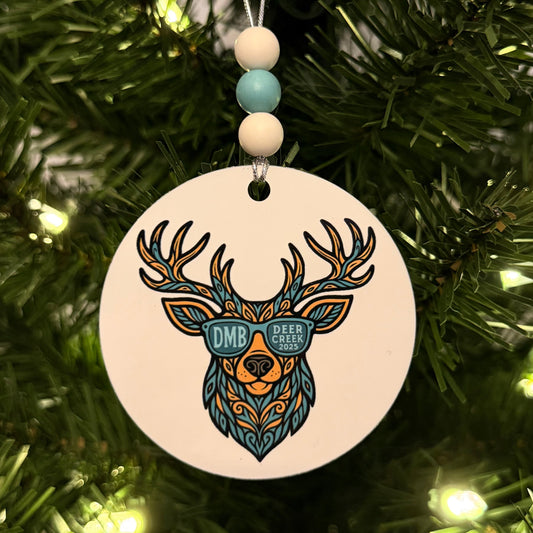 Deer Creek Noblesville Indiana 2025 Deer Wearing DMB Sunglasses Teal Brown Black Metal Holiday Christmas Ornament with Beads with Gift Box 2 Sizes: 2.75" x 2.75" or 3.5" x 3.5"