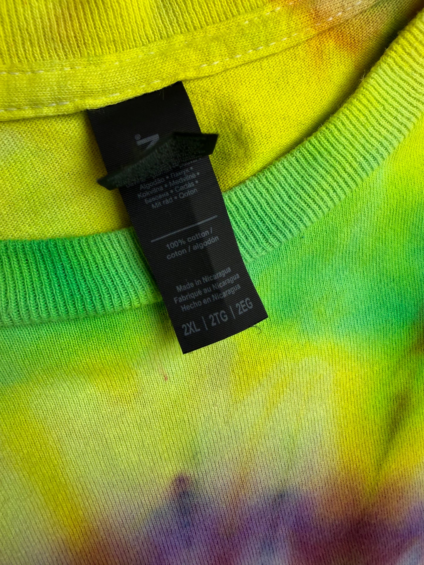 MHD Lime Green Yellow Orange Red Purple Spiral Ice Dye Tie Dye Short Sleeve Shirt 100% Cotton Size XXL