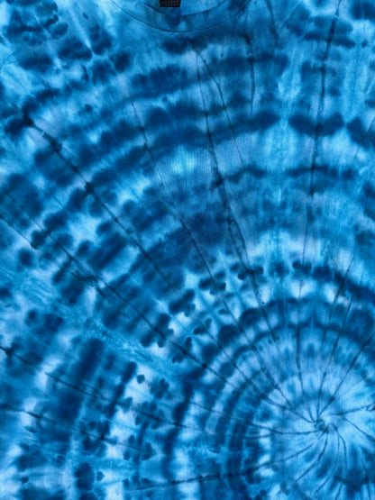 MHD Denim Blue Light Blue White Spiral Ice Dye Tie Dye Short Sleeve Shirt 100% Cotton Size XXL