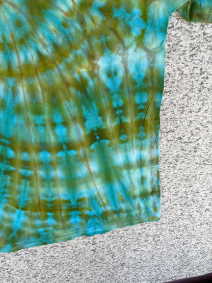MHD Olive Green Brown Bright Blue Teal Spiral Ice Dye Tie Dye Short Sleeve Shirt 100% Cotton Size XL